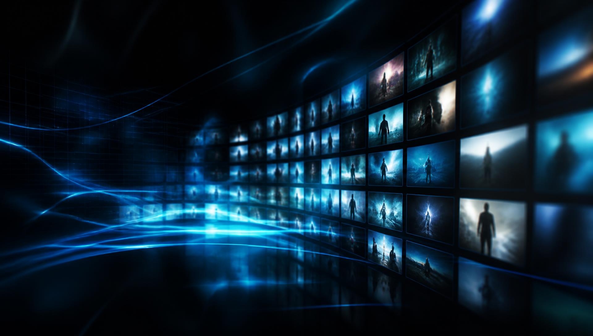 Wall of glowing screens streaming live TV channels